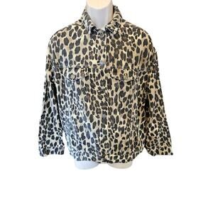 Macaron canvas Animal Print Long Sleeve Button Front Flap Pocket Casual Jacket S